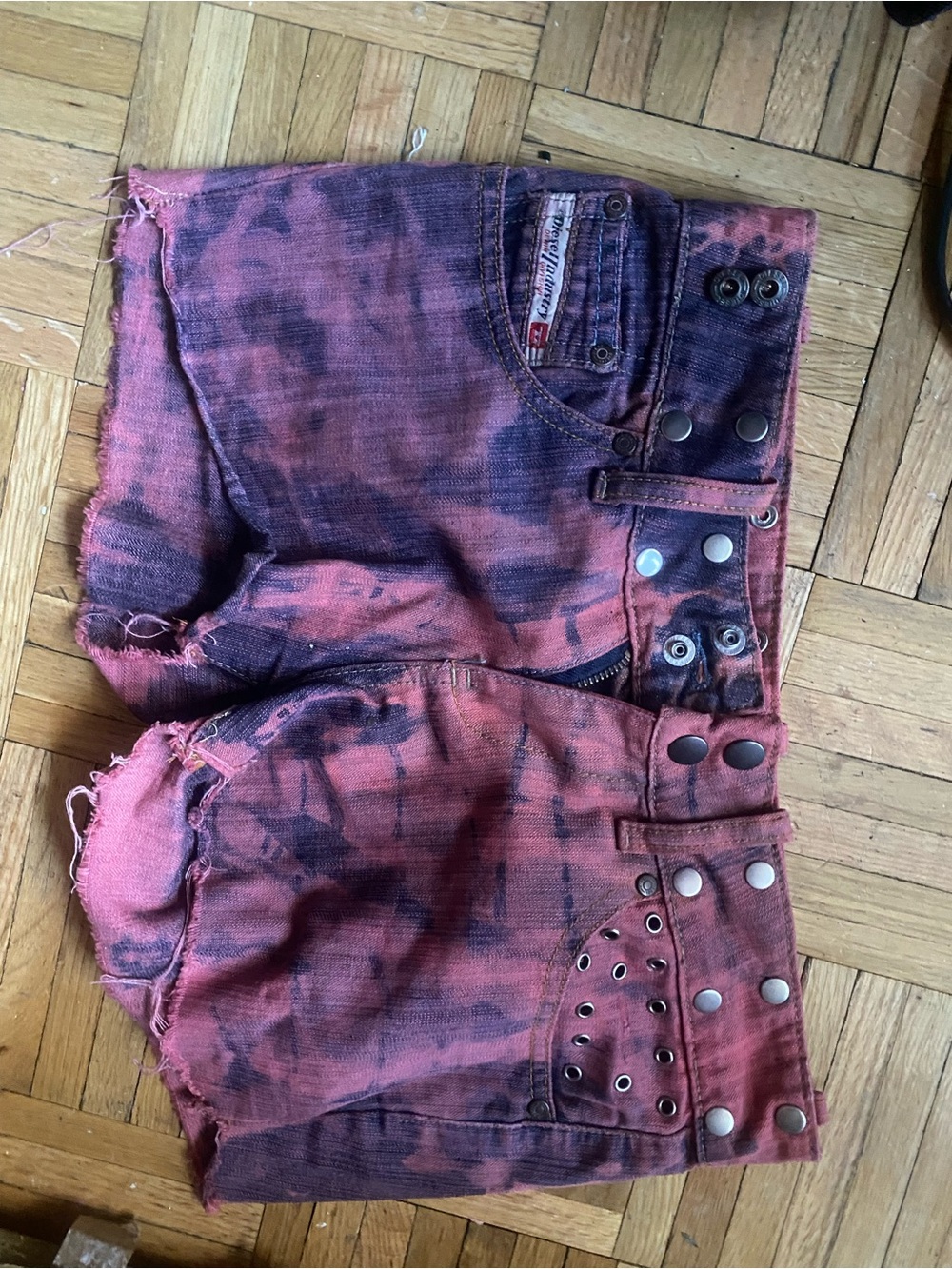 Tie-Dye Red Black Jean Shorts with Stud Details